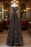 Off Shoulder A-Line Coffee Gold Sequin Long Evening Prom Dress, Coffee Gold Evening Dress