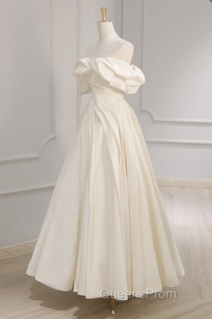 Off Shoulder A-Line Satin Beige Long Evening Prom Dress, Beige Long Formal Dress