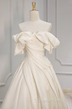 Off Shoulder A-Line Satin Beige Long Evening Prom Dress, Beige Long Formal Dress