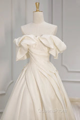 Off Shoulder A-Line Satin Beige Long Evening Prom Dress, Beige Long Formal Dress