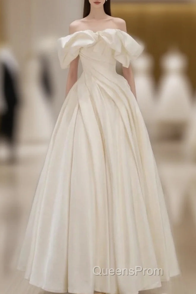 Off Shoulder A-Line Satin Beige Long Evening Prom Dress, Beige Long Formal Dress Main image