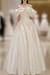 Off Shoulder A-Line Satin Beige Long Evening Prom Dress, Beige Long Formal Dress