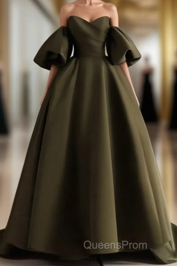 Off Shoulder A-Line Satin Green Long Party Dress, Green Evening Dress Evening Prom Dress Main image
