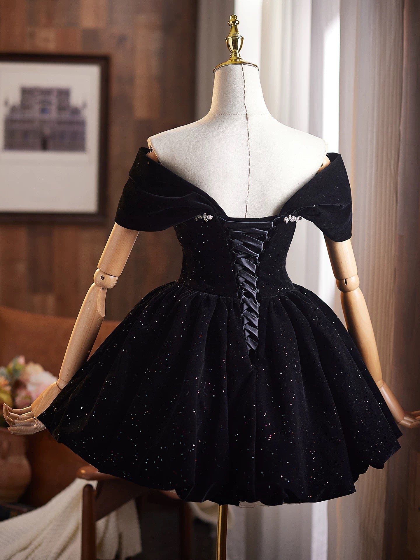 Off Shoulder A-Line Velvet Black Classy Prom Dress, Black Homecoming Dress Secondary image