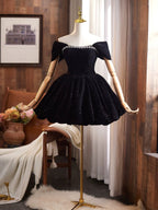 Off Shoulder A-Line Velvet Black Classy Prom Dress, Black Homecoming Dress