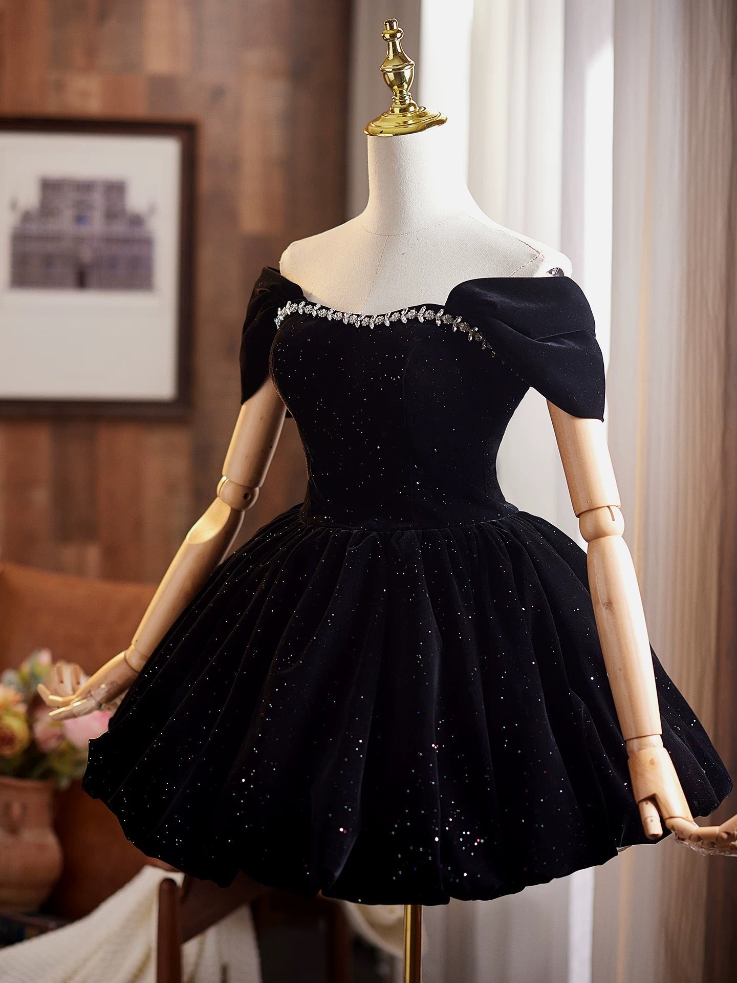 Off Shoulder A-Line Velvet Black Classy Prom Dress, Black Homecoming Dress