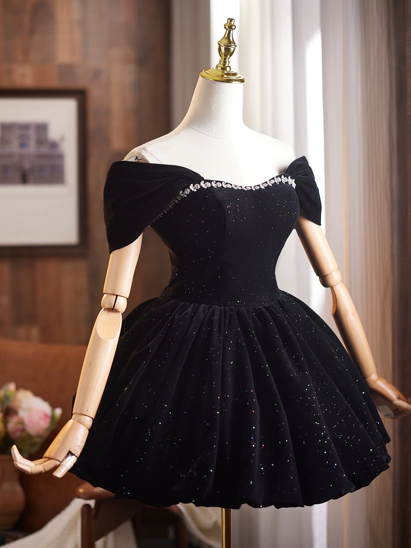 Off Shoulder A-Line Velvet Black Classy Prom Dress, Black Homecoming Dress