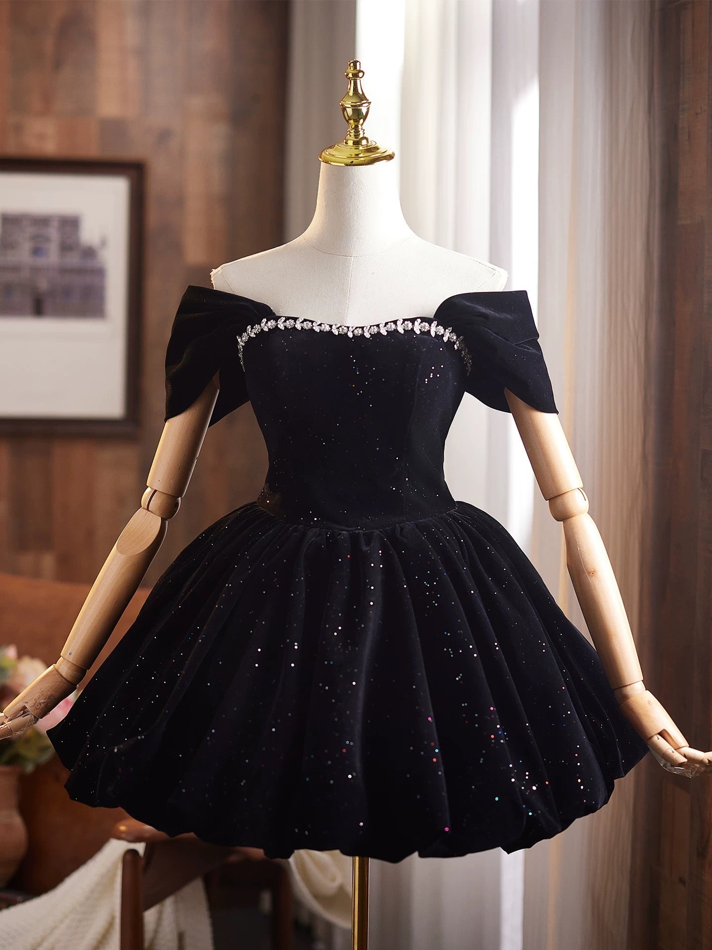 Off Shoulder A-Line Velvet Black Classy Prom Dress, Black Homecoming Dress Main image