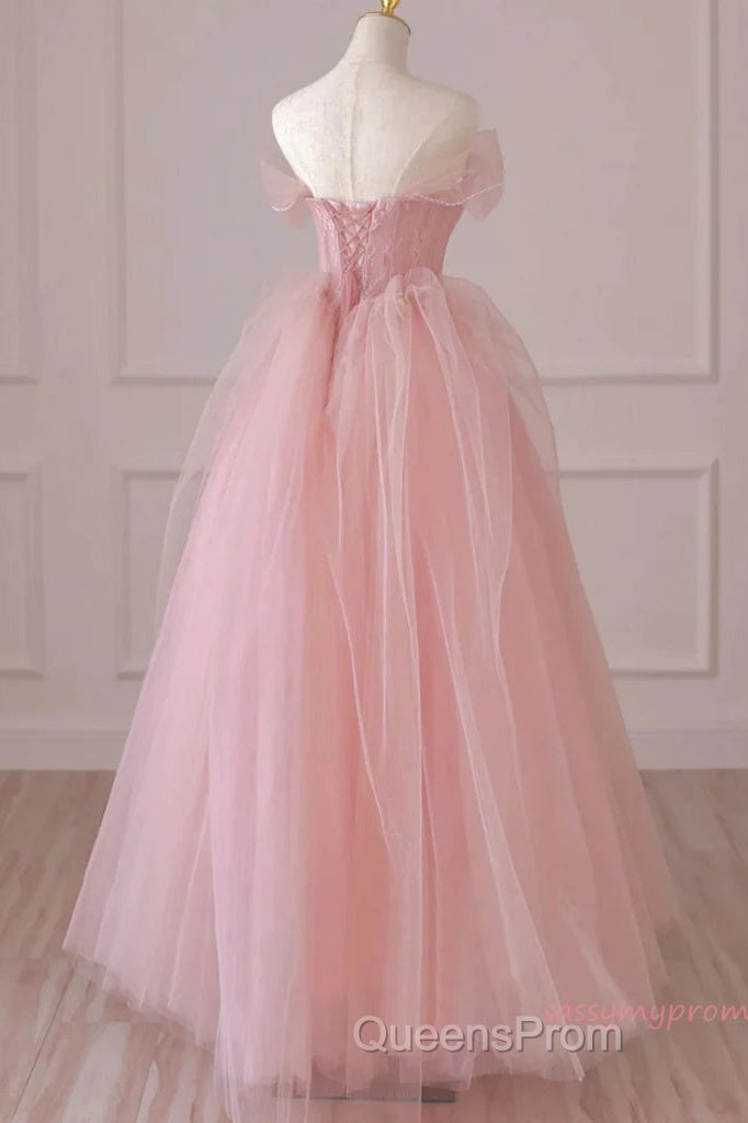 Off Shoulder Beading Pink Tulle Princess Evening Prom Dress