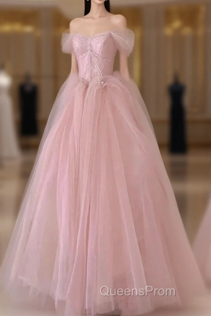 Off Shoulder Beading Pink Tulle Princess Evening Prom Dress Main image