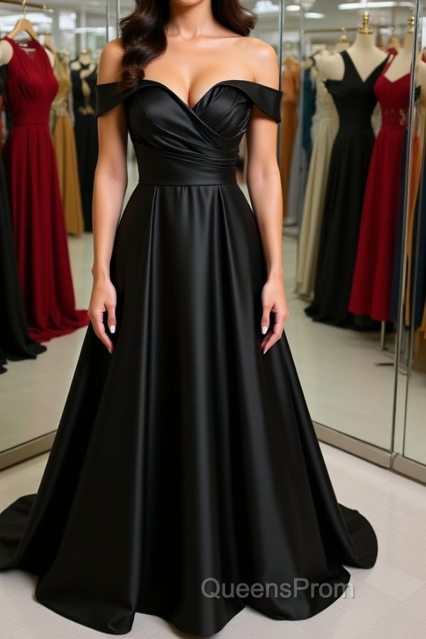 Off Shoulder Black Satin Long Evening Prom Dress, Long Black Formal Graduation Evening Dress Main image