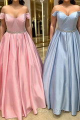 Off Shoulder Blue Long Evening Prom Dress with Belt, Pink Formal Dress, Blue Evening Dress