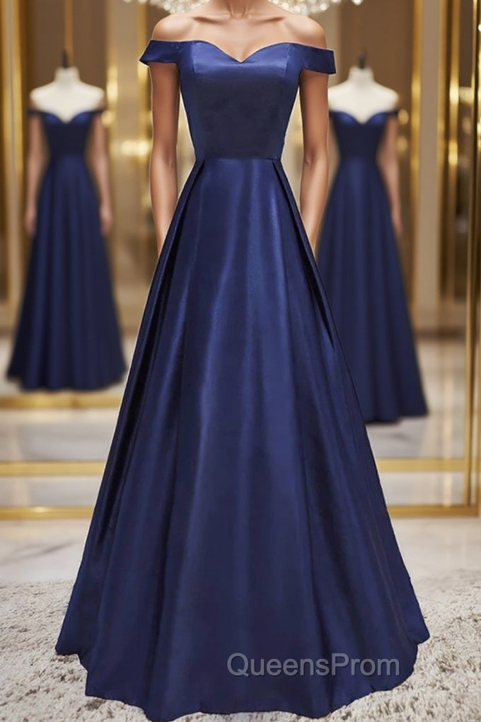 Off Shoulder Blue Satin Long Evening Prom Dress, Off Shoulder Blue Formal Dress, Blue Evening Dress Main image