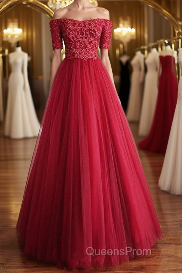 Off Shoulder Burgundy Lace Long Evening Prom Dress, Burgundy Lace Formal Dress, Burgundy Evening Dress Main image