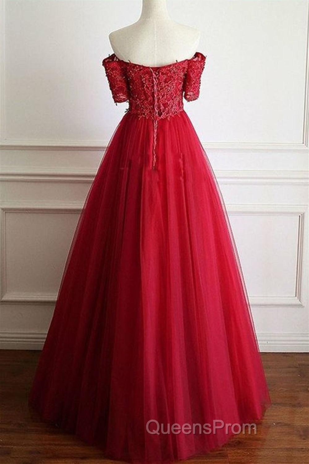 Off Shoulder Burgundy Lace Long Evening Prom Dress, Burgundy Lace Formal Dress, Burgundy Evening Dress Secondary image