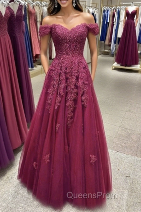 Off Shoulder Burgundy Lace Evening Prom Dress, Off the Shoulder Burgundy Formal Dress, Burgundy Lace Evening Dress Main image