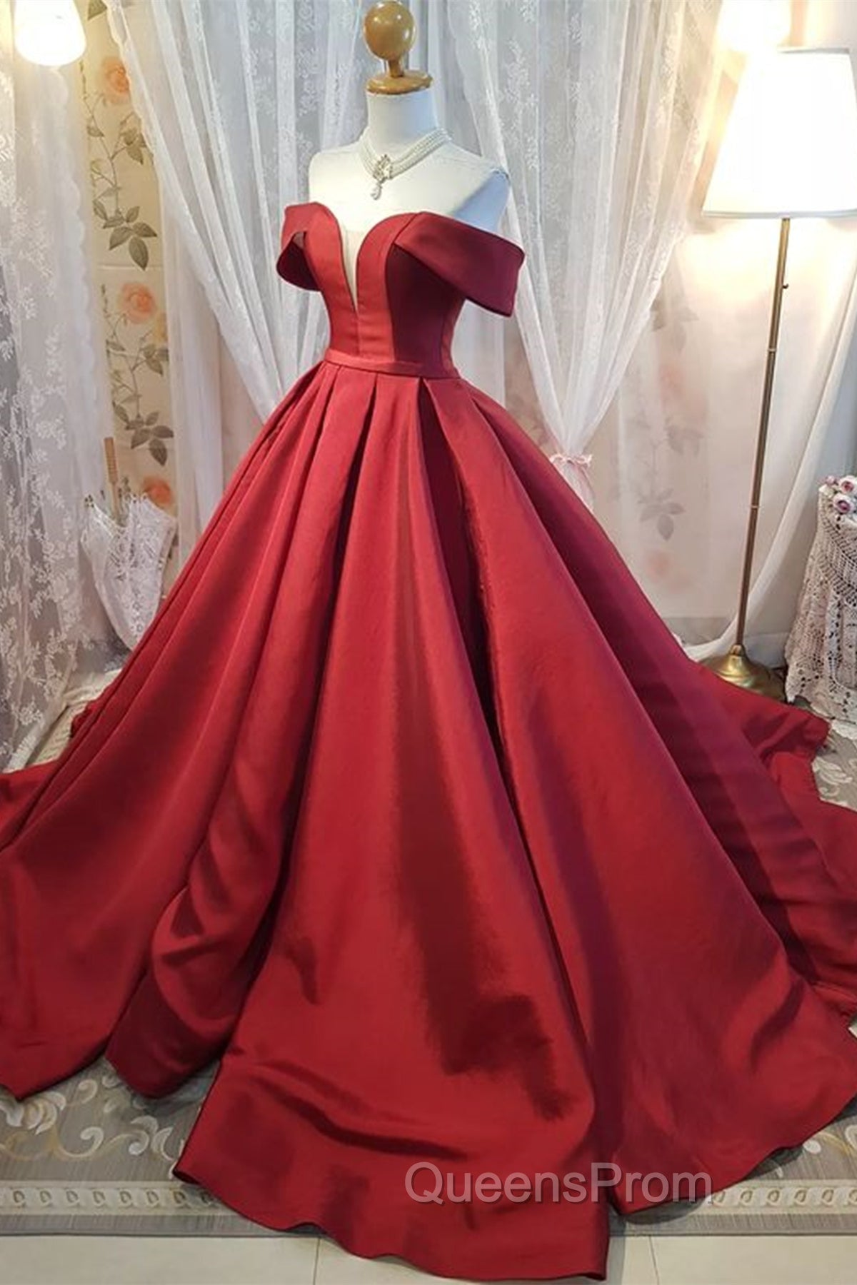 Off Shoulder Burgundy Satin Long Evening Prom Dress, V Neck Burgundy Formal Evening Dress, Burgundy Ball Gown Secondary image