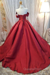 Off Shoulder Burgundy Satin Long Evening Prom Dress, V Neck Burgundy Formal Evening Dress, Burgundy Ball Gown