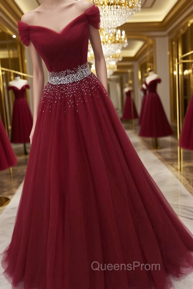 Off Shoulder Burgundy Tulle Long Evening Prom Dress with Sequins, Burgundy Tulle Formal Evening Dress Main image