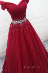 Off Shoulder Burgundy Tulle Long Evening Prom Dress with Sequins, Burgundy Tulle Formal Evening Dress
