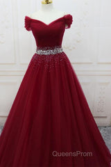 Off Shoulder Burgundy Tulle Long Evening Prom Dress with Sequins, Burgundy Tulle Formal Evening Dress