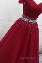 Off Shoulder Burgundy Tulle Long Evening Prom Dress with Sequins, Burgundy Tulle Formal Evening Dress