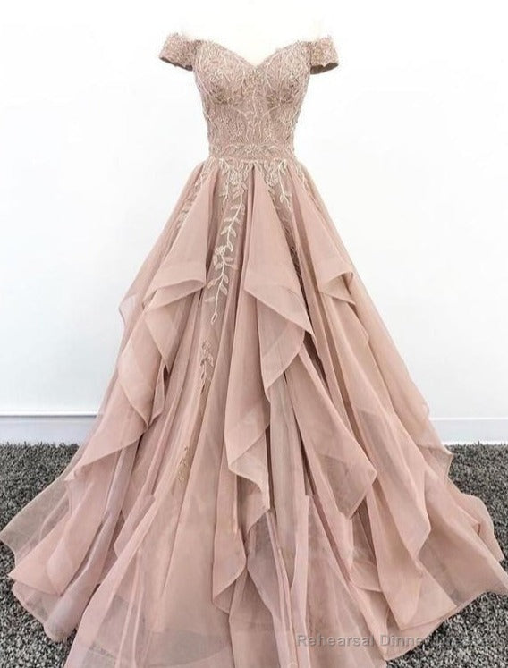 Off Shoulder Dusty Champagne Lace Cheap Long Evening Prom Dresses, Evening Party Prom Dresses Main image