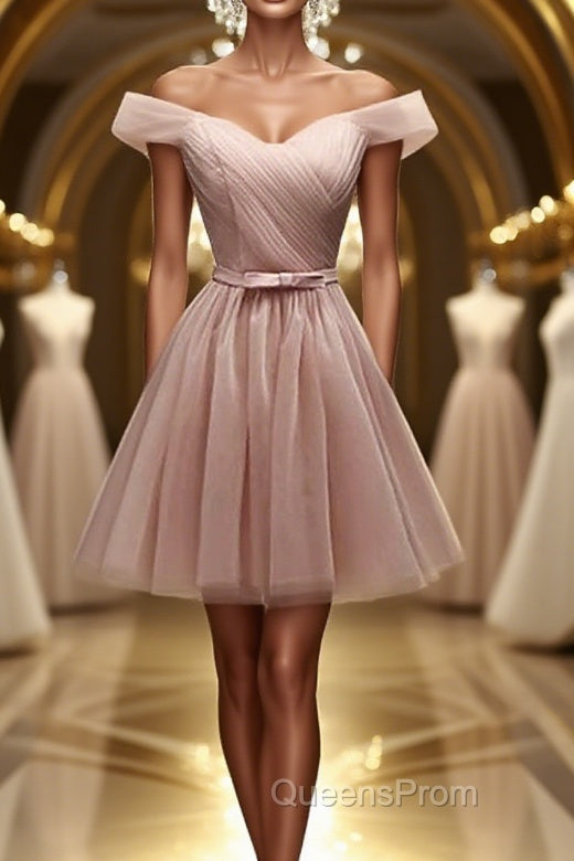Off Shoulder Dusty Pink Tulle Short Evening Prom Homecoming Dress, Short Pink Formal Graduation Evening Dress Main image