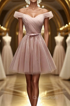 Off Shoulder Dusty Pink Tulle Short Evening Prom Homecoming Dress, Short Pink Formal Graduation Evening Dress