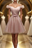 Off Shoulder Dusty Pink Tulle Short Evening Prom Homecoming Dress, Short Pink Formal Graduation Evening Dress