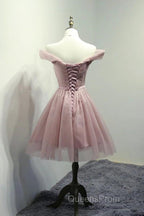 Off Shoulder Dusty Pink Tulle Short Evening Prom Homecoming Dress, Short Pink Formal Graduation Evening Dress