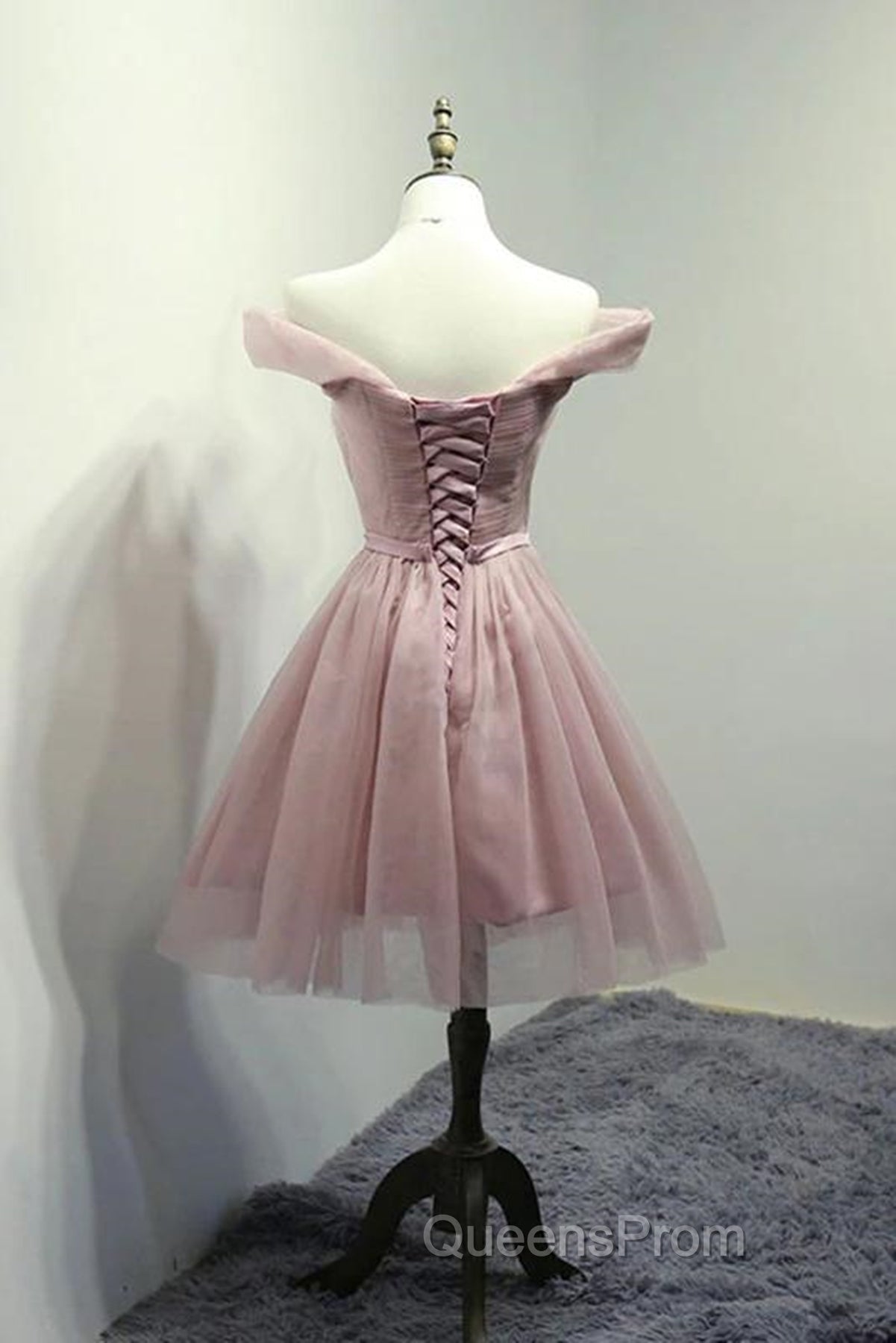 Off Shoulder Dusty Pink Tulle Short Evening Prom Homecoming Dress, Short Pink Formal Graduation Evening Dress