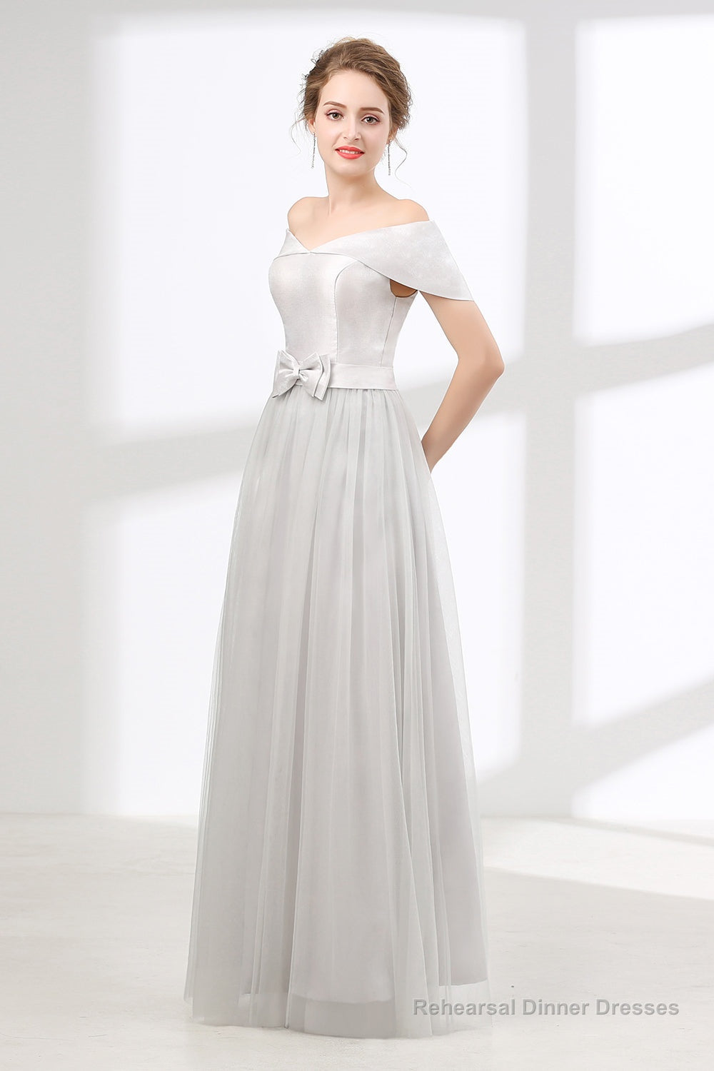 Off Shoulder Gray Formal Floor Length Prom Dresses