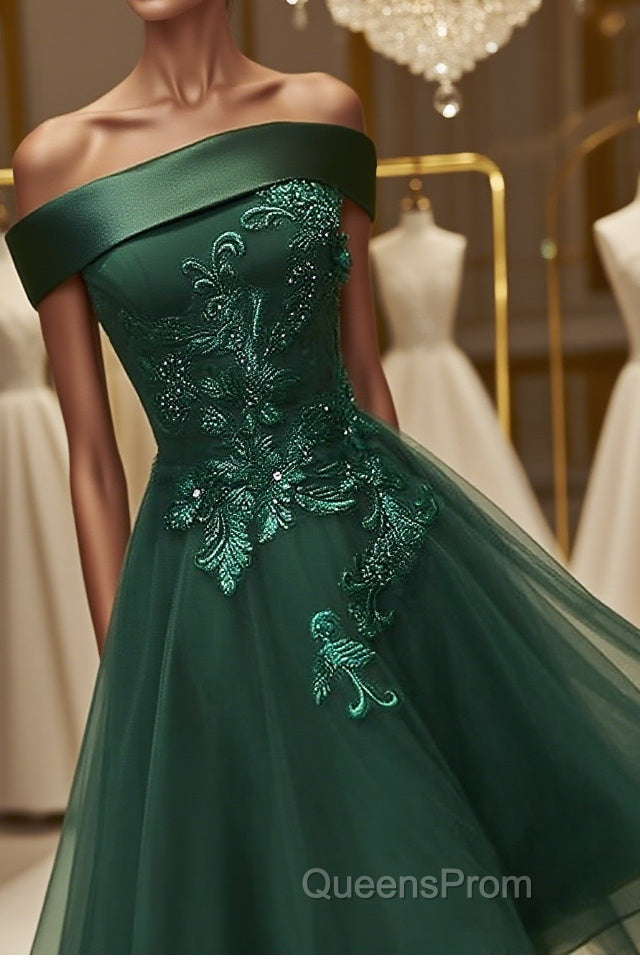 Off Shoulder Green Lace Floral Evening Prom Dress, Short Green Lace Homecoming Dress, Green Formal Evening Dress Main image