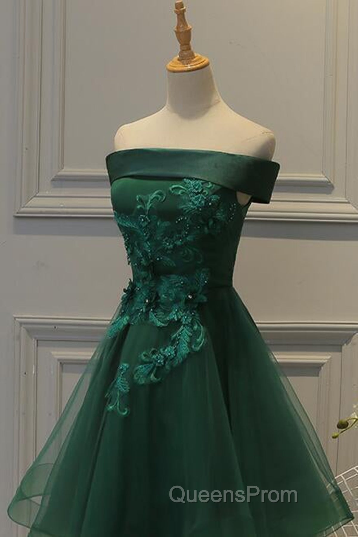 Off Shoulder Green Lace Floral Evening Prom Dress, Short Green Lace Homecoming Dress, Green Formal Evening Dress Secondary image