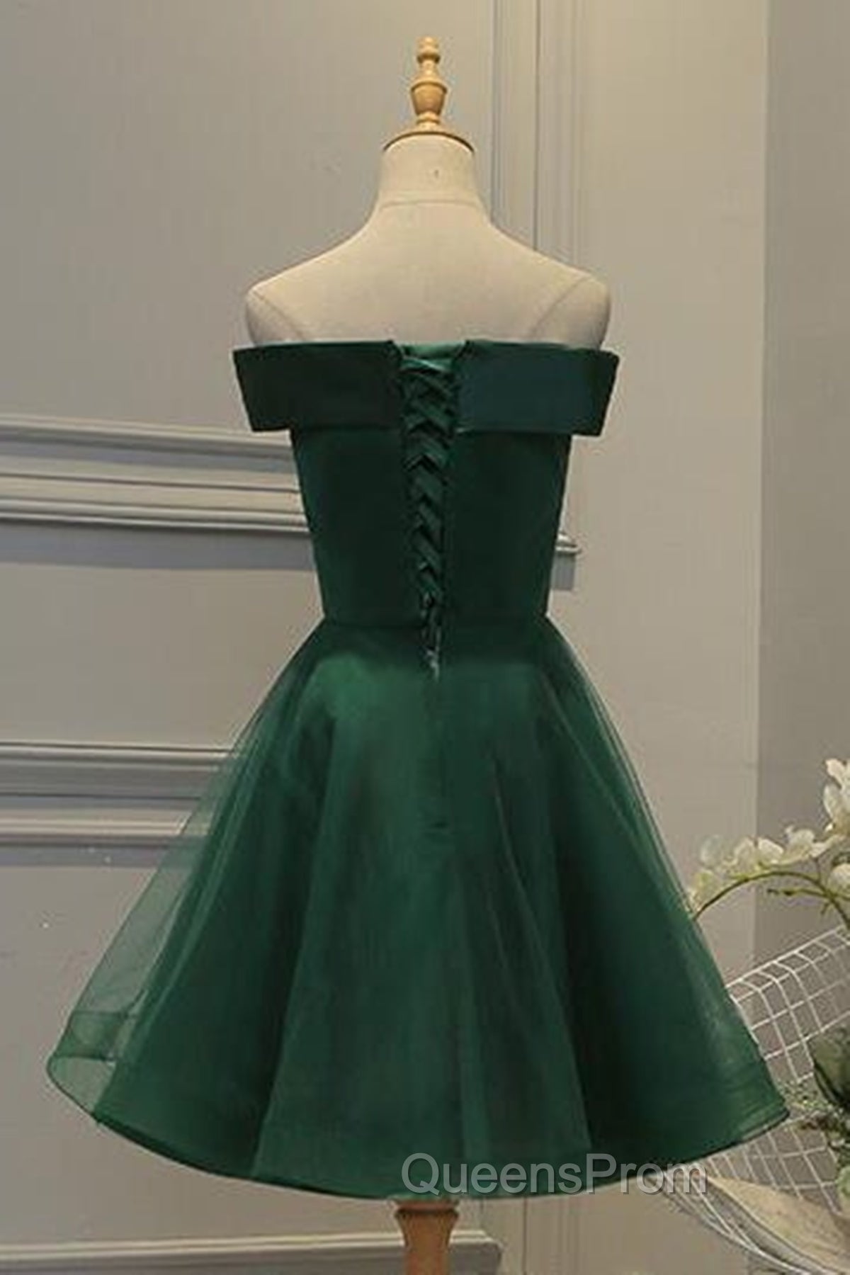 Off Shoulder Green Lace Floral Evening Prom Dress, Short Green Lace Homecoming Dress, Green Formal Evening Dress