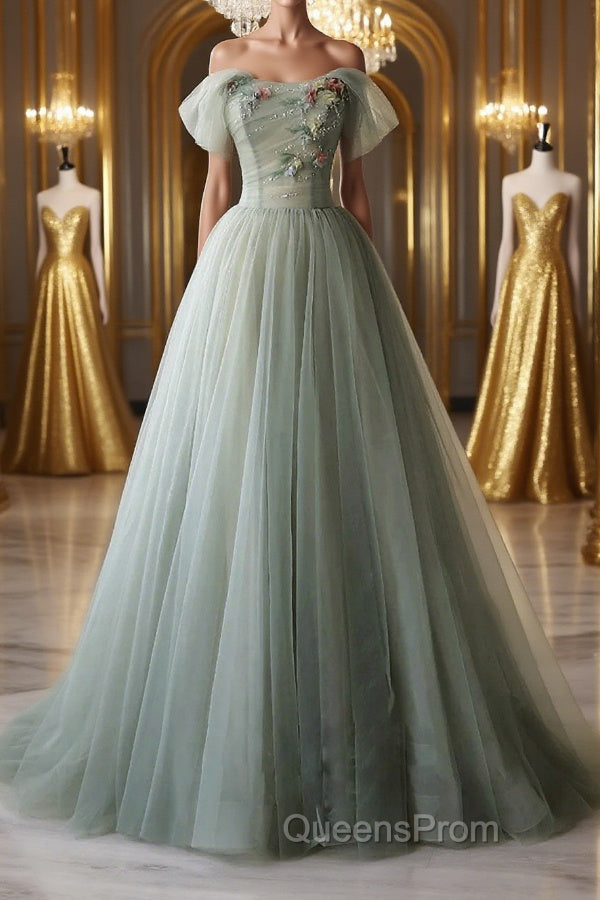 Off Shoulder Green Tulle Floral Long Evening Prom Dress, Off the Shoulder Green Formal Evening Dress with 3D Flowers