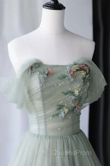 Off Shoulder Green Tulle Floral Long Evening Prom Dress, Off the Shoulder Green Formal Evening Dress with 3D Flowers