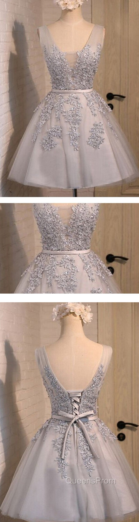 Off Shoulder Grey Lace Cute Tulle Homecoming Dress