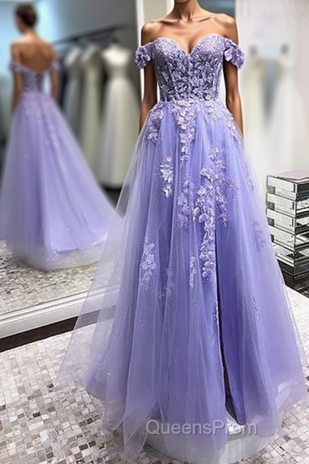 Off Shoulder Lavender Lace Long Evening Prom Dress, Lilac Lace Formal Dress, Purple Evening Dress Main image