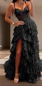 Off Shoulder Layered Navy Blue Lace Long Classy Prom Dress With Split, Off The Shoulder Navy Blue Classy Dress