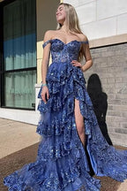 Off Shoulder Layered Navy Blue Lace Long Classy Prom Dress With Split, Off The Shoulder Navy Blue Classy Dress