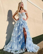Off Shoulder Layered Navy Blue Lace Long Classy Prom Dress With Split, Off The Shoulder Navy Blue Classy Dress