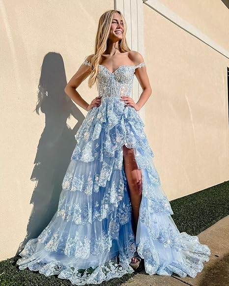 Off Shoulder Layered Navy Blue Lace Long Classy Prom Dress With Split, Off The Shoulder Navy Blue Classy Dress