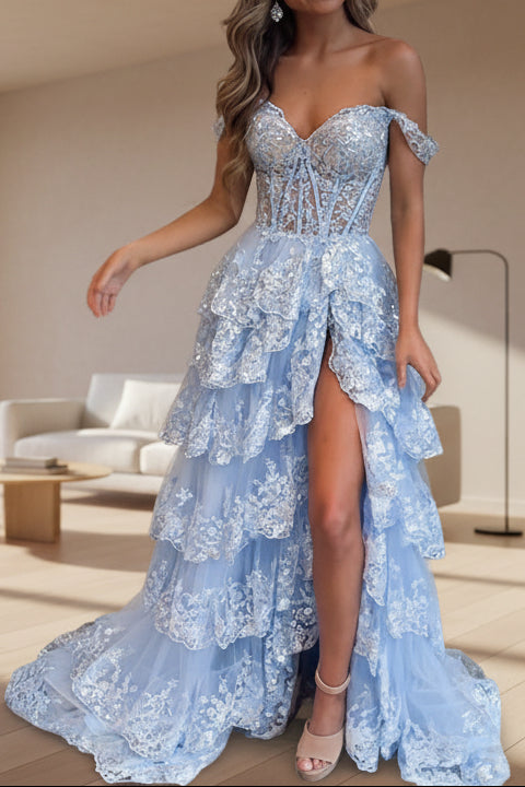 Off Shoulder Layered Navy Blue Lace Long Classy Prom Dress With Split, Off The Shoulder Navy Blue Classy Dress