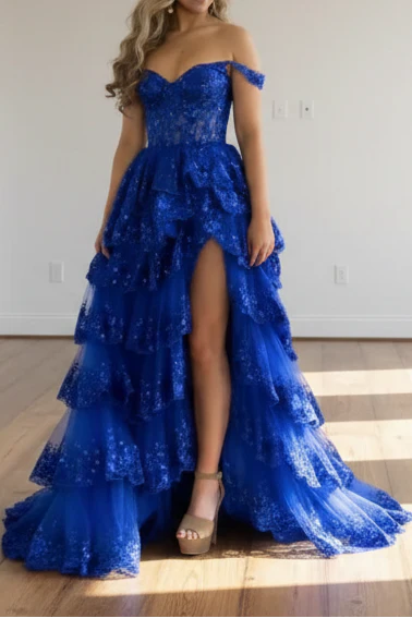 Off Shoulder Layered Navy Blue Lace Long Classy Prom Dress With Split, Off The Shoulder Navy Blue Classy Dress
