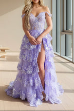 Off Shoulder Layered Navy Blue Lace Long Classy Prom Dress With Split, Off The Shoulder Navy Blue Classy Dress
