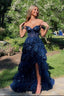 Off Shoulder Layered Navy Blue Lace Long Classy Prom Dress With Split, Off The Shoulder Navy Blue Classy Dress