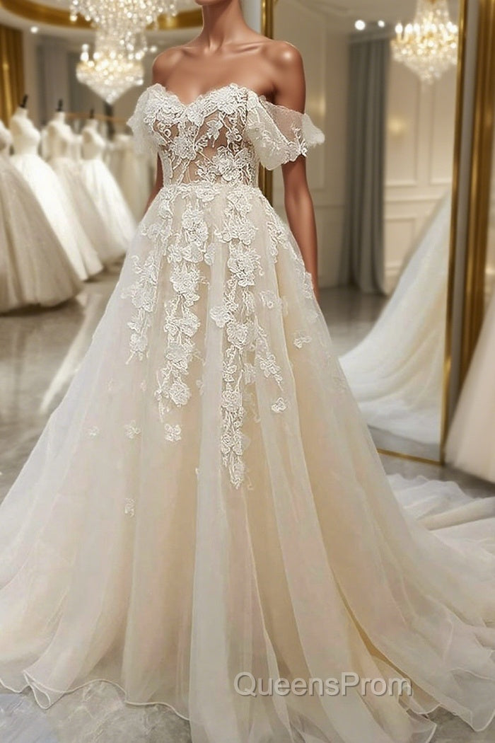 Off Shoulder Light Champagne Tulle Lace Long Evening Prom Dress, Light Champagne Lace Formal Evening Dress Main image