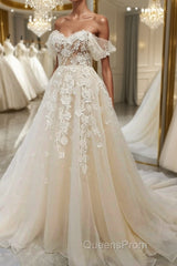 Off Shoulder Light Champagne Tulle Lace Long Evening Prom Dress, Light Champagne Lace Formal Evening Dress